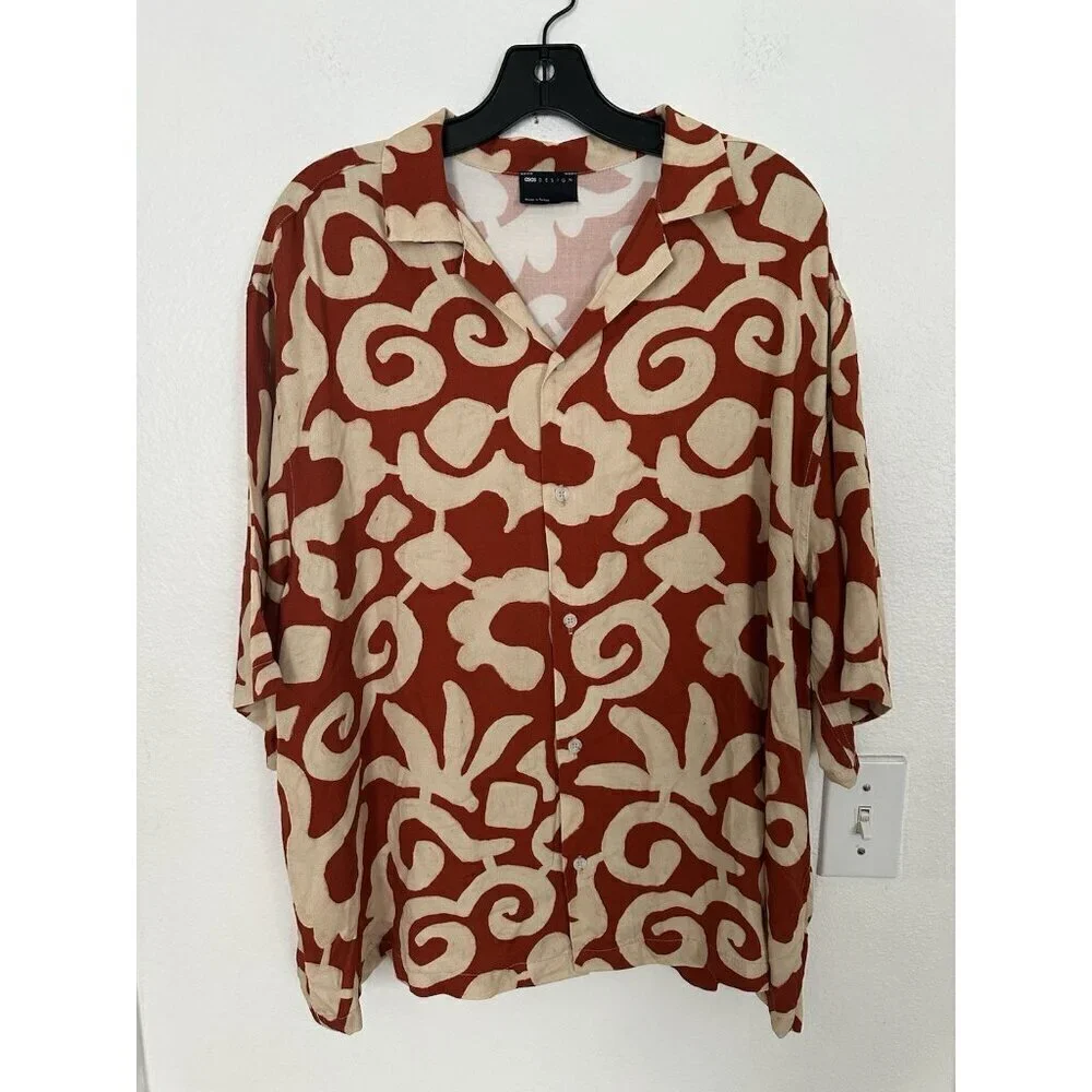 ASOS DESIGN oversize boxy shirt with abstract summer print and half sleeve Sz S